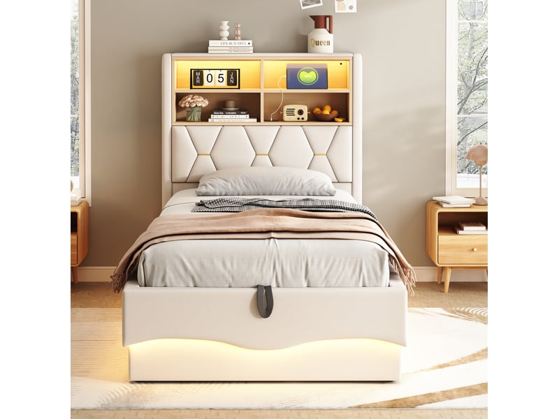  Lit coffre tcqpz 90 x 200 cm led app usb en tissu beige structure métal  - Conforama D
