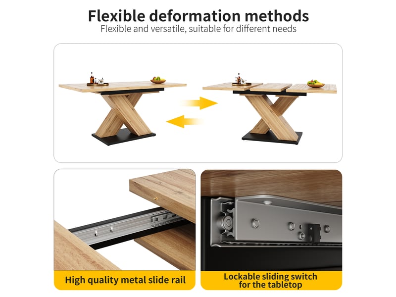  Table à manger extensible 119-158,5x80x75 cm en mdf finition bois, plateau télescopique pour 6 à 8 personnes, pieds croisés.  - Conforama D