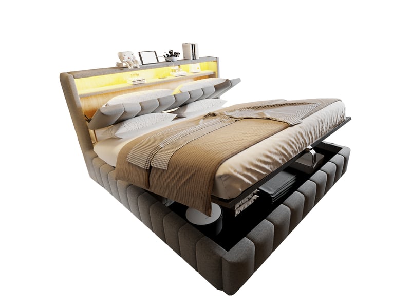  Lit coffre rembourré à vérin hydraulique 180×200 cm avec tête de lit de rangement, bande lumineuse led et ports de charge usb, revêtement en lin, adapté aux chambres et appartements, gris  - Conforama C