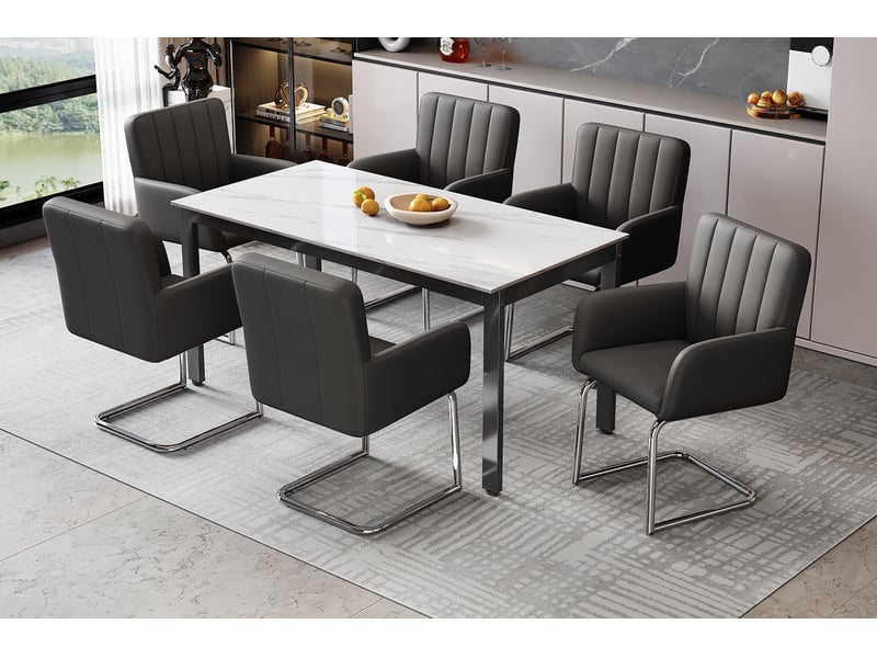  Lot de 6 chaises de salle à manger 56x57x86 cm – noir – simili cuir, piètement métal en z avec accoudoirs  - Conforama B