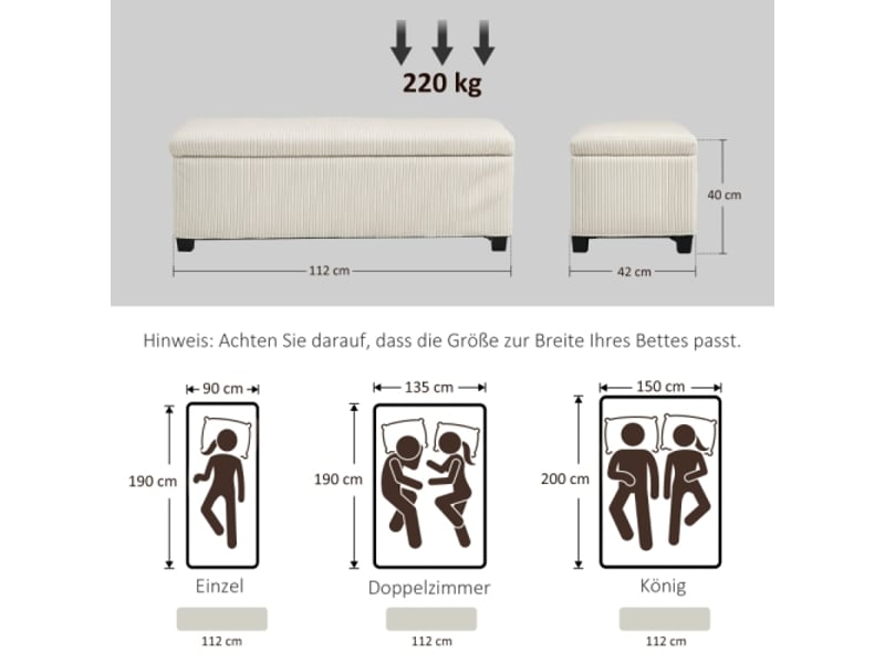  Banc coffre beige effet côtelé avec rangement, pieds en acier, 112x42x40 cm, salon et chambre  - Conforama C