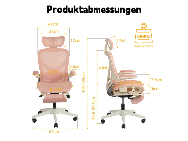  Chaise de bureau ergonomique pliable avec appui-tête 3d et soutien lombaire - lpospi - maille - rose  - Conforama D