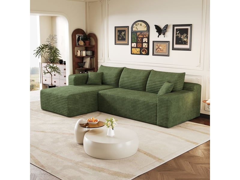  Canapé droit 241 cm, assise profonde, velours côtelé, sans montage, style moderne, design fonctionnel, confort pour salon - vert  - Conforama E