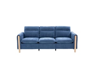 Canapé 3 places en chenille bleu avec coffre et poches latérales, structure en bois massif