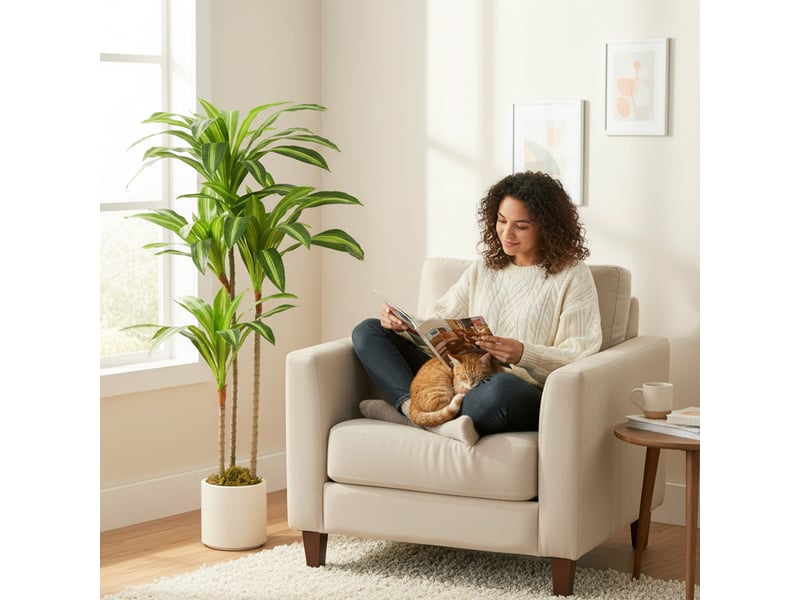  Arbre dracaena artificiel de 120 cm avec tronc flexible et pot blanc pour salon, chambre, bureau  - Conforama C
