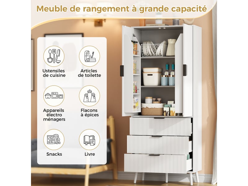  Meuble de cuisine muvano blanc, buffet haut à portes rainurées, 3 tiroirs, 75 × 35 × 180 cm  - Conforama R