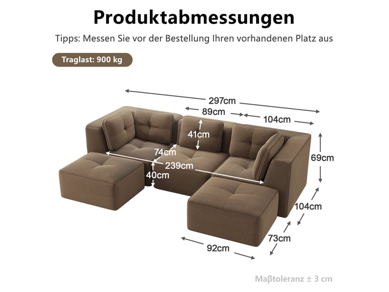 Canapé modulaire 3 places avec ottomane en velours côtelé marron - 297 x 177 x 69 cm - Conforama E