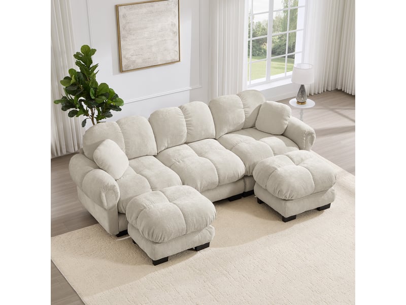 Canapé modulable 3 places 260 cm canapé droit en tissu chenille avec 2 pouf mobile, design matelassé, coussins épais, dossier ergonomique, kaki clair Seren Glow - Conforama B