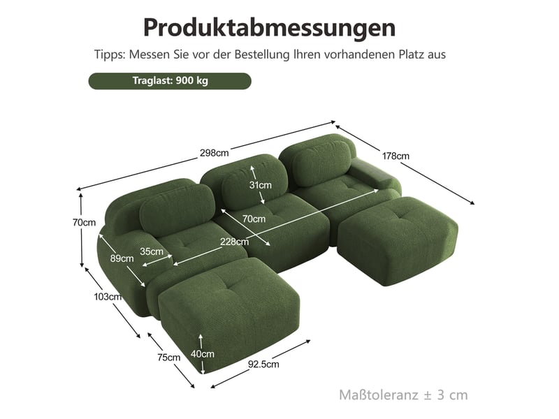  Canapé modulable en u modenvie 3 places 298 x 178 cm en velours côtelé vert  - Conforama C