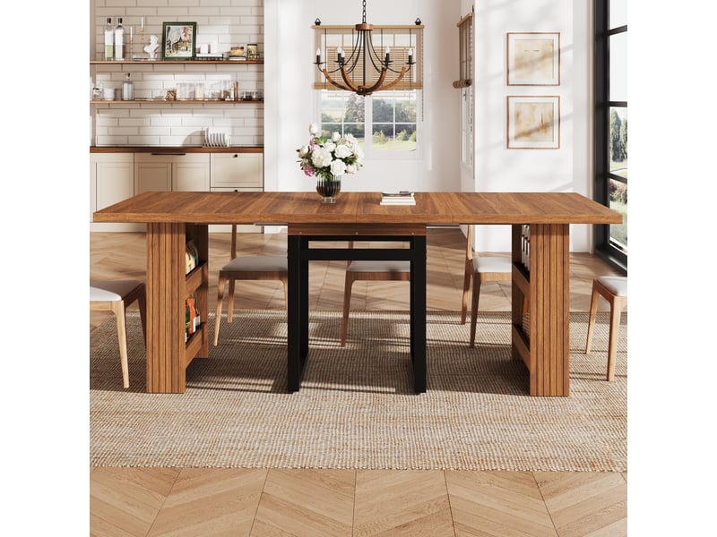  Table à manger extensible 120160200 x 80 x 78 cm en mdf et métal finition bois foncé, rangement caché dans les pieds, 3 rallonges.  - Conforama B