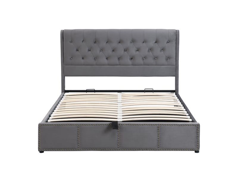  Lit coffre enfant 140x190 cm avec tête de lit et sommier, rangement et décor à rivets, velours, gris, sans matelas  - Conforama E