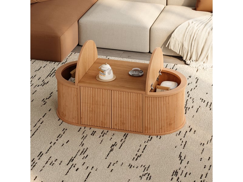  Table basse ovale 100 x 50 x 35 cm, coffres latéraux à couvercles, 2 portes battantes à pression, mdf et panneaux de particules, décor bois clair Luxe haut de gamme - Conforama E