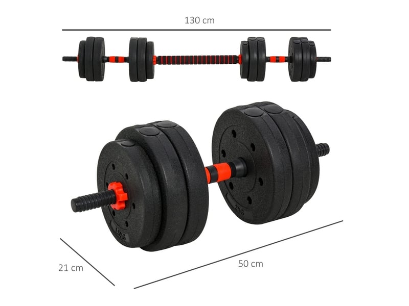 Set d'haltères réglables 25 kg noir en plastique, 2 en 1 avec barre d'extension pour musculation à domicile - Conforama C