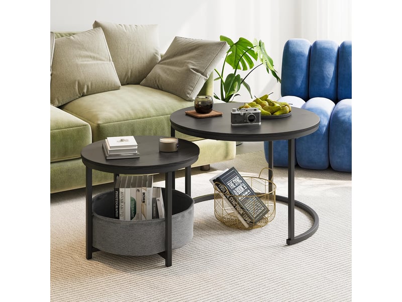  Tables basses gigognes rondes avec 1 pochette de rangement, style industriel, pour salon, en métal et bois, noir antique  - Conforama B