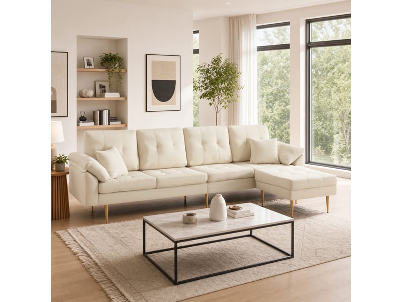 Canapé d'angle 4 places avec pouf modulable à gauche ou à droite, pieds en fer 20 cm, velours côtelé beige clair - Conforama D