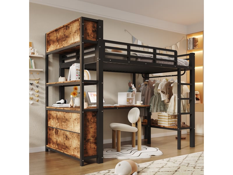  Lit mezzanine enfant 90x200 cm, bureau intégré, penderie, étagères et compartiments, barrière de sécurité, métal noir Radiant Stride - Conforama D