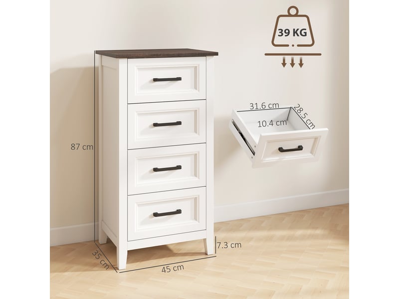  Commode à 4 tiroirs pour chambre et salon, en bois, 45 x 35 x 87 cm, blanc et marron  - Conforama E