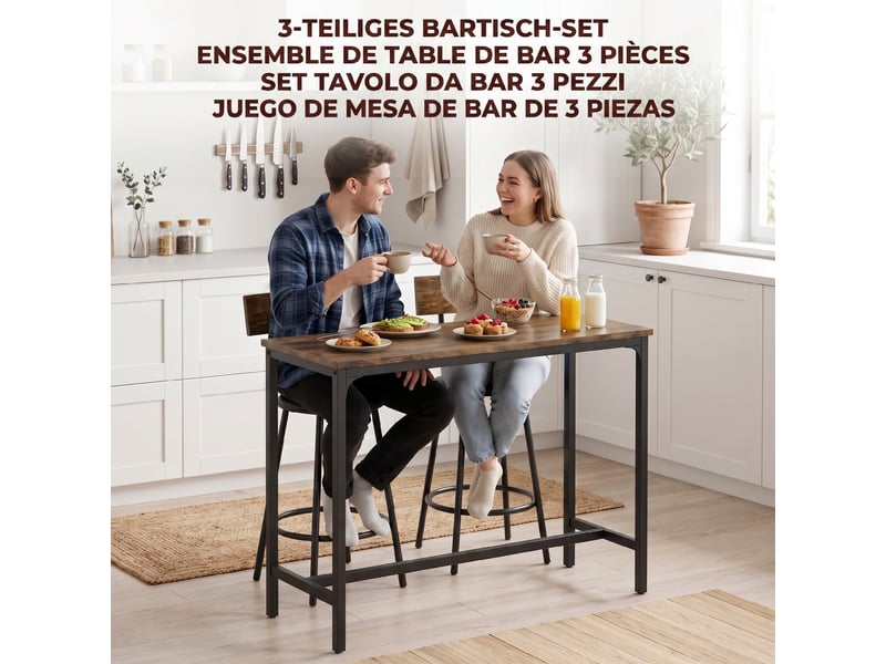  Ensemble table de bar avec 2 tabourets, table haute de cuisine et 2 chaises de bar rembourrées pu, repose-pieds, marron  - Conforama D