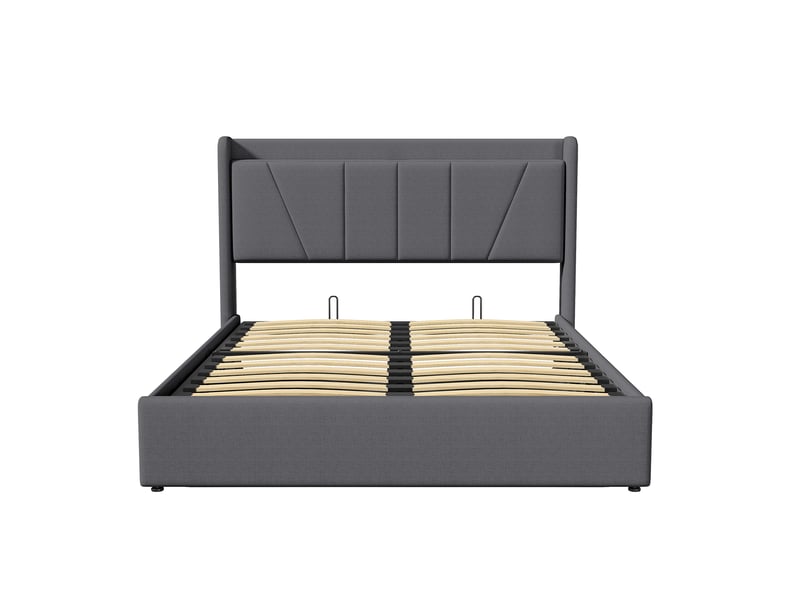 Lit coffre 2 places 160x200 cm, lit adulte double avec rangement, 2 ports usb et 1 type-c, design simple, lin gris - Conforama W