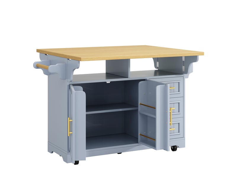  Desserte 2 portes 3 tiroirs - îlot de cuisine mobile à plateaux rabattables 143x40x95 cm mdf bleu gris  - Conforama E