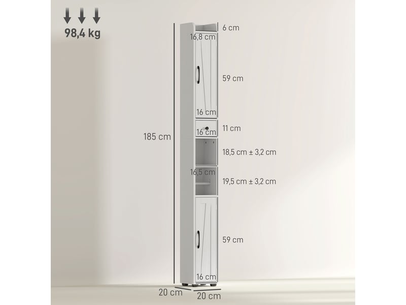 Armoire salle de bain haute, meuble de rangement colonne, 2 portes, tiroir, étagères réglables, blanc, 20x20x185cm  - Conforama C