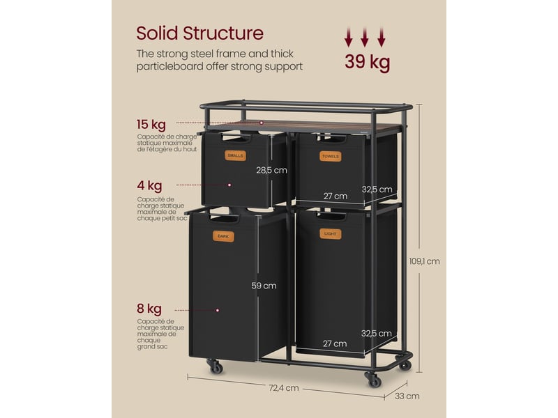  Panier à linge mobile avec roulettes trieur ergonomique 72,4 x 33 x 109,1 cm pratique style moderne en acier noir 12_0012753  - Conforama B