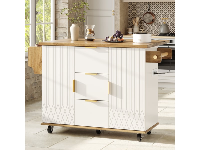  Desserte de cuisine à roulettes avec plateau rabattable et prises, blanc décor bois  - Conforama D