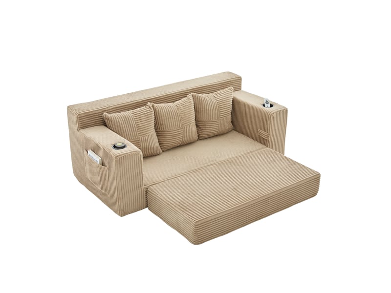 Canapé 3 places en velours côtelé, sans montage, design modulaire, porte-gobelets, rangements latéraux, 172×87×64 cm - Conforama A