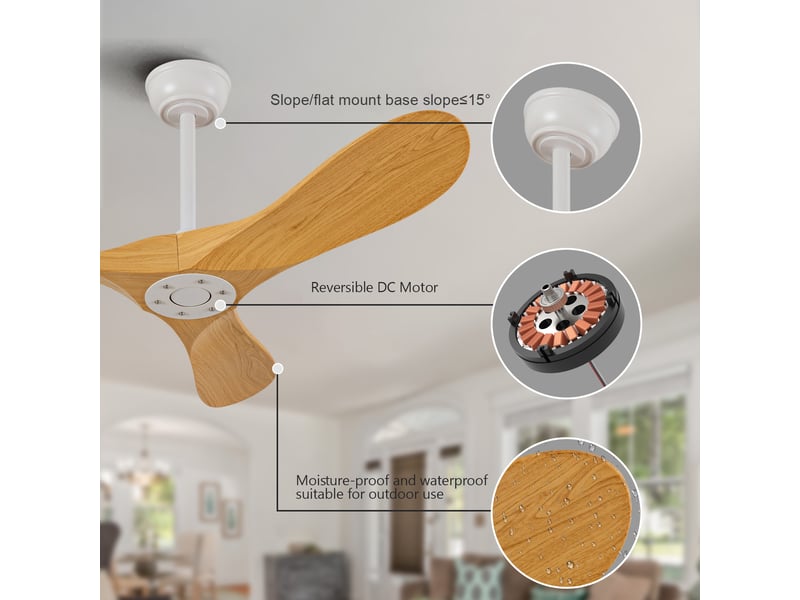  Ventilateur de plafond 107 cm sans éclairage 3 pales abs blanc et naturel réversible 6 vitesses télécommande silencieux  - Conforama C