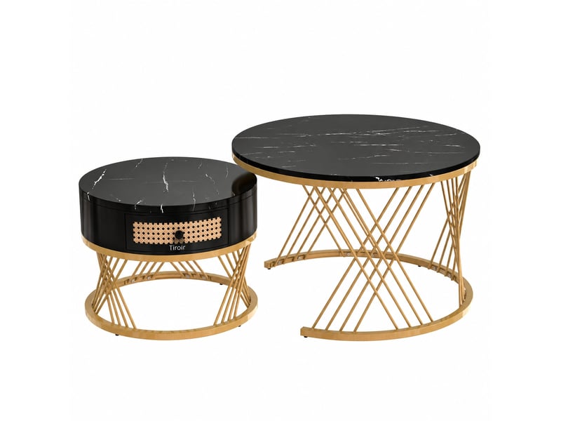  Ensemble de 2 tables basses rondes gigognes effet marbre noir et doré avec tiroir, ø 70 et 50 cm  - Conforama A