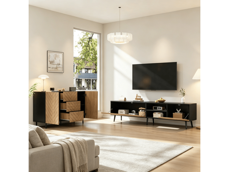 Ensemble meuble tv et buffet pour salon, meuble tv 180 cm pour téléviseur jusqu'à 75 pouces, effet bois et noir mat - Conforama W