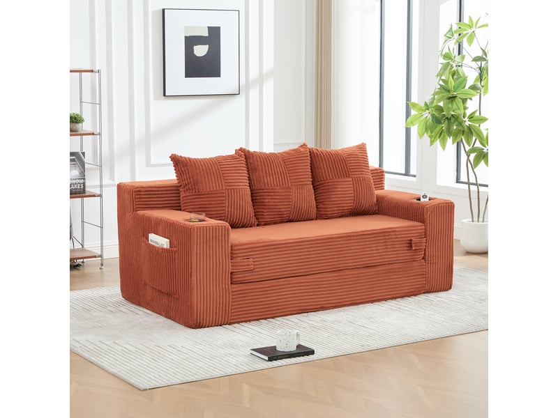 Canapé modulable 2 places orange en velours côtelé avec rangement latéral et portes-gobelets - Conforama B