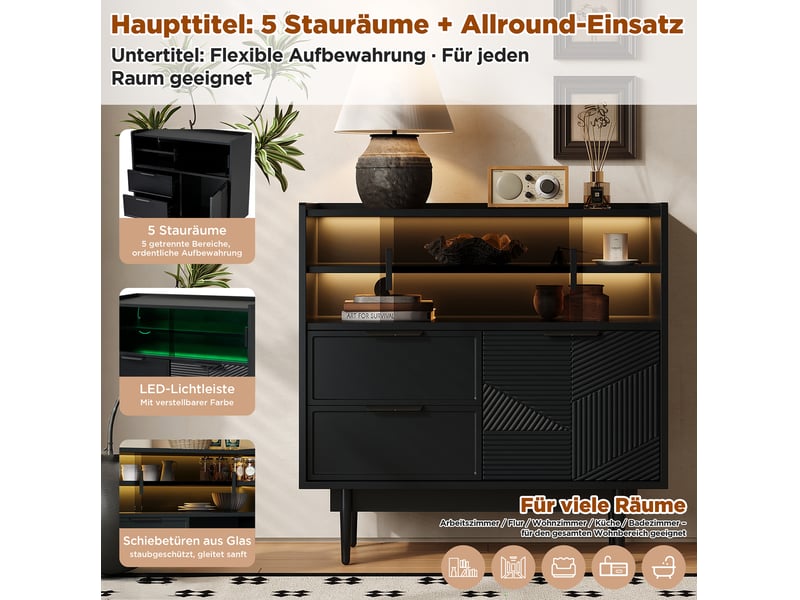  Meuble de rangement, meuble de salle de bain, meuble console avec barre lumineuse led, 80 cm largeur, porte vitre  - Conforama D