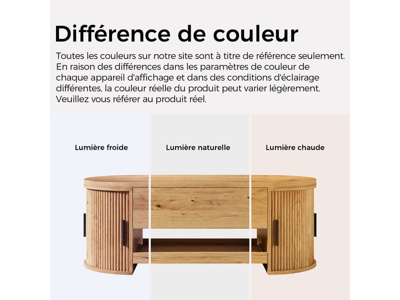  Table basse naturel, rangement, extensible, portes coulissantes, design moderne, angles arrondis - mdf - 110x55x55cm - salon  - Conforama B