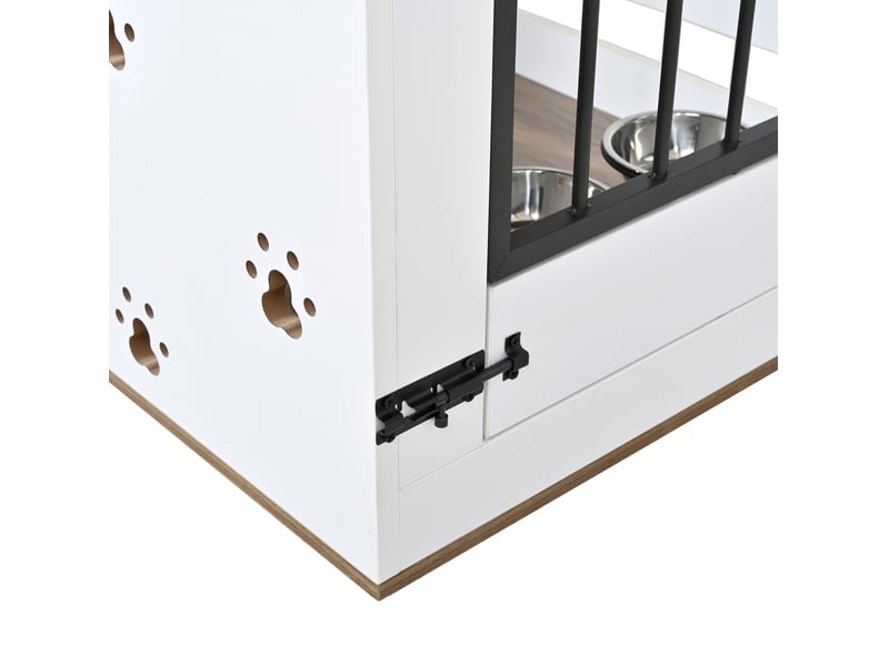  Cage d’intérieur 80x54x63 cm – blanc et chêne clair – table d’appoint avec 2 gamelles en inox amovibles  - Conforama E