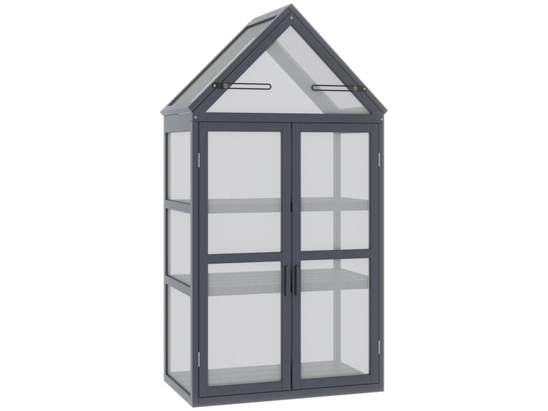 Mini serre en bois - 3 niveaux - toit ouvrant - gris - bonne ventilation - plaques de polycarbonate 70.5x42x132cm - Conforama A
