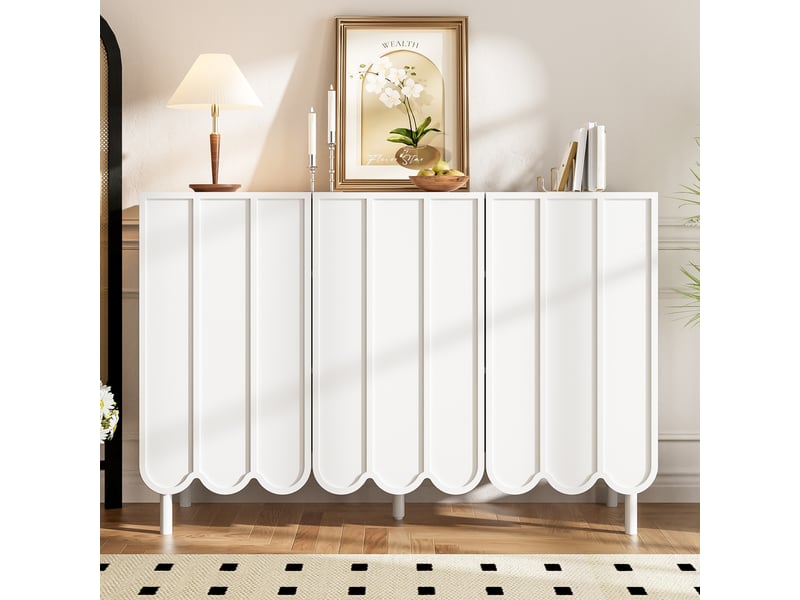  Buffet bas blanc avec portes ondulées, 120 x 35 x 80 cm, étagères réglables et ouverture sans poignée  - Conforama C