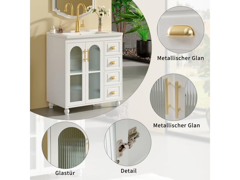 Meuble sous vasque avec 3 portes, 3 tiroirs et vasque en céramique, blanc, pour salle de bain, longueur 80 cm - Conforama E