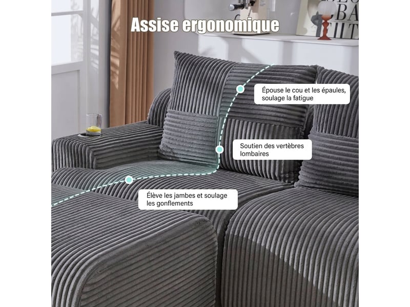 Canapé modulaire 3 places avec pouf gris foncé - 268 x 174 x 80 cm avec porte-gobelet intégré - Conforama R