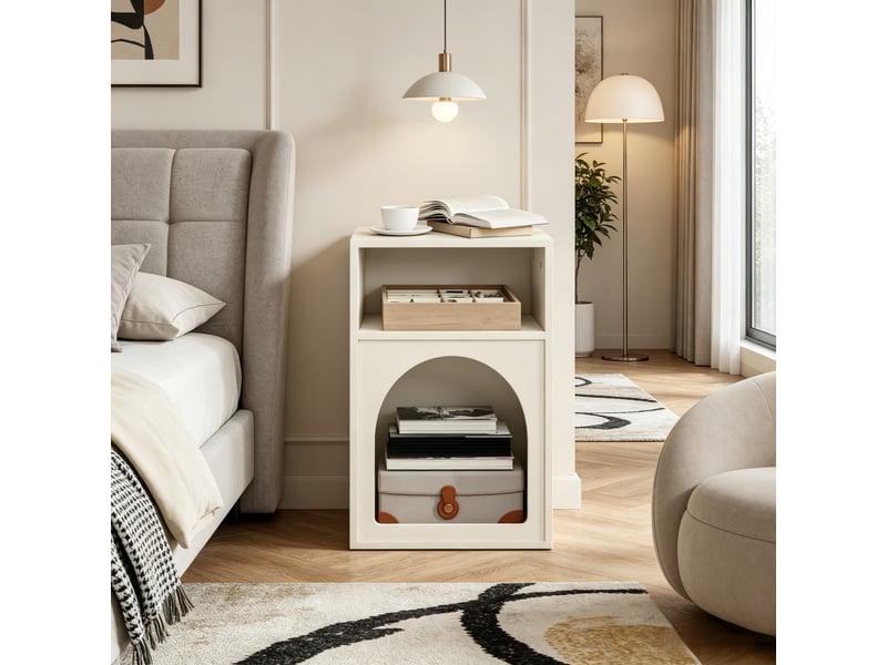  Table de chevet moderne design courbé avec étagères ouvertes, meuble d’appoint chambre  - Conforama E