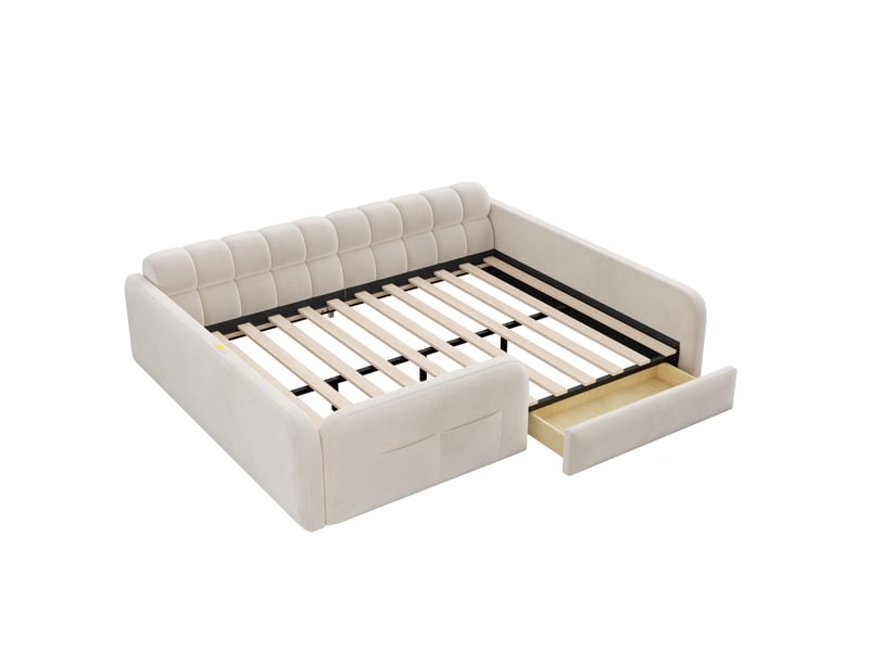  Lit enfant 140x200 cm avec tiroir, veilleuse et usb, en velours beige, sans matelas  - Conforama E