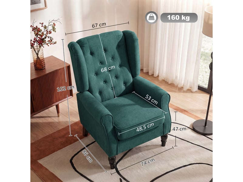  Fauteuil à oreilles avec accoudoirs, coussin capitonné, vert foncé  - Conforama E