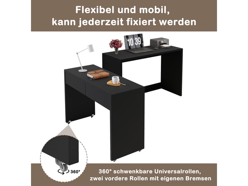  Bureau 2 en 1 avec tiroirs, bureau extensible noir sur roulettes pour petit espace, table de travail modulable 110x40x78 cm  - Conforama E