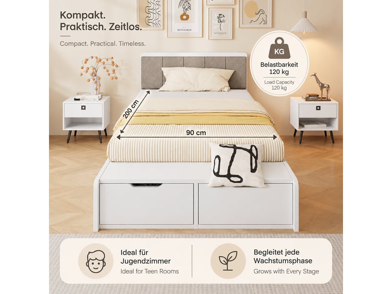 Lit enfant 90x200 cm en bois avec tête de lit rembourrée, banquette au pied du lit et 2 tiroirs de rangement, lit ado blanc - Conforama D