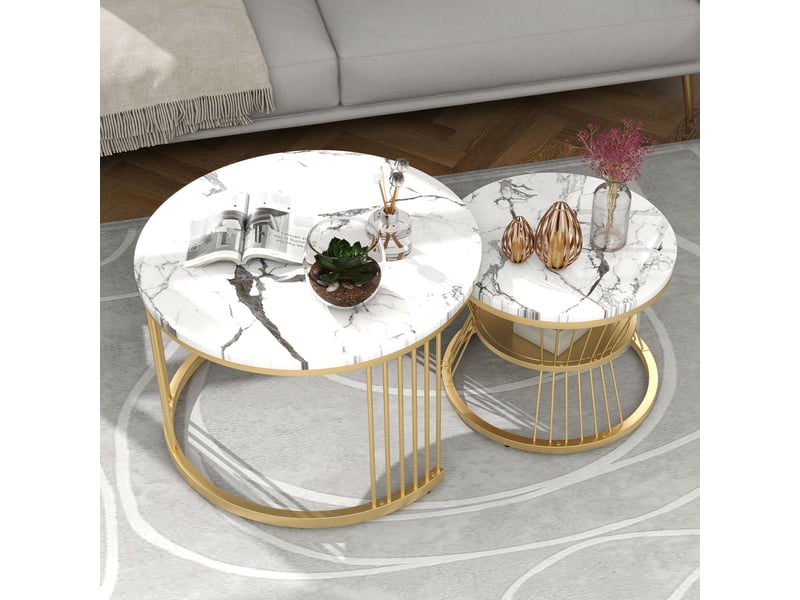 Lot de 2 tables basses gigognes ronde – 70 x 70 x 45.5 cm – double niveau & pieds métal – marbre- blanc et doré - Conforama B