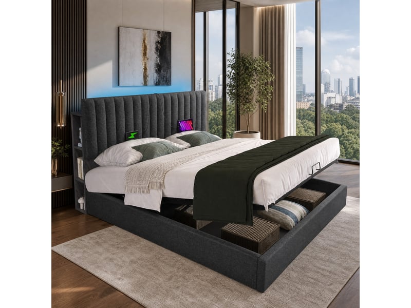  Lit coffre double gris 160 x 200 cm avec matelas, led et ports usbtype-c  - Conforama C