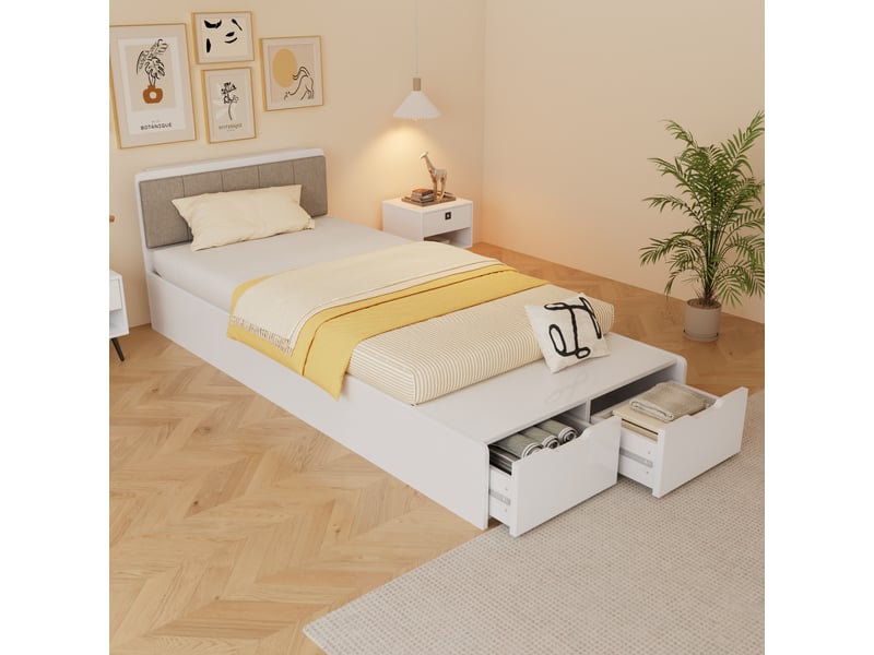  Lit enfant en bois 90x200cm - tête de lit rembourrée - avec 2 tiroirs et banc de bout de lit - blanc (sans matelas)  - Conforama E