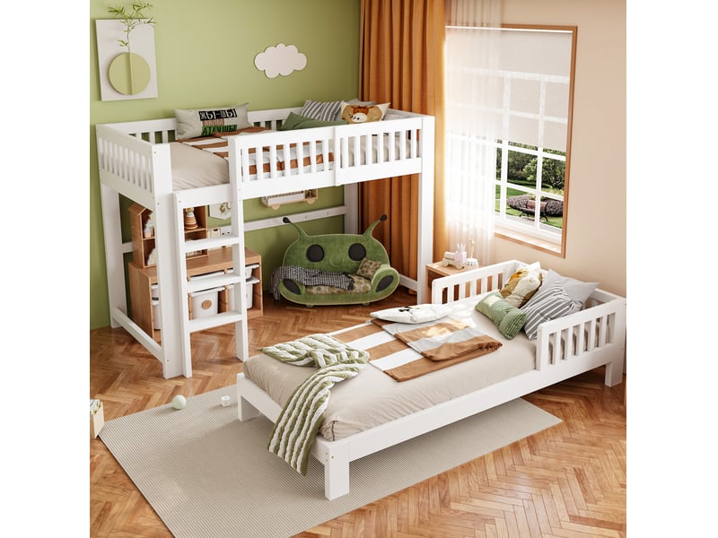  Ensemble de lits enfants modulable 90x200 cm avec barrières bois blanc sans matelas  - Conforama E
