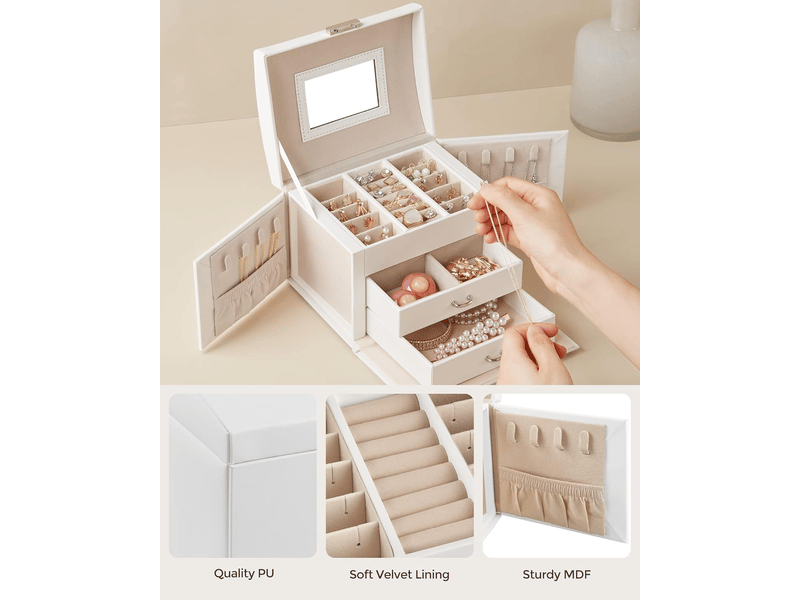  Boîte à bijoux, mallette à bijoux, coffret à bijoux de voyage, organisateur de bijoux portable, avec 2 tiroirs, miroir, serrure et clés,blanc  - Conforama D
