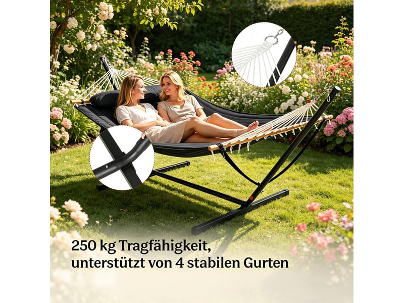  Hamac double avec support en métal anthracite, toile double épaisseur et coussin, pour intérieur et extérieur  - Conforama D